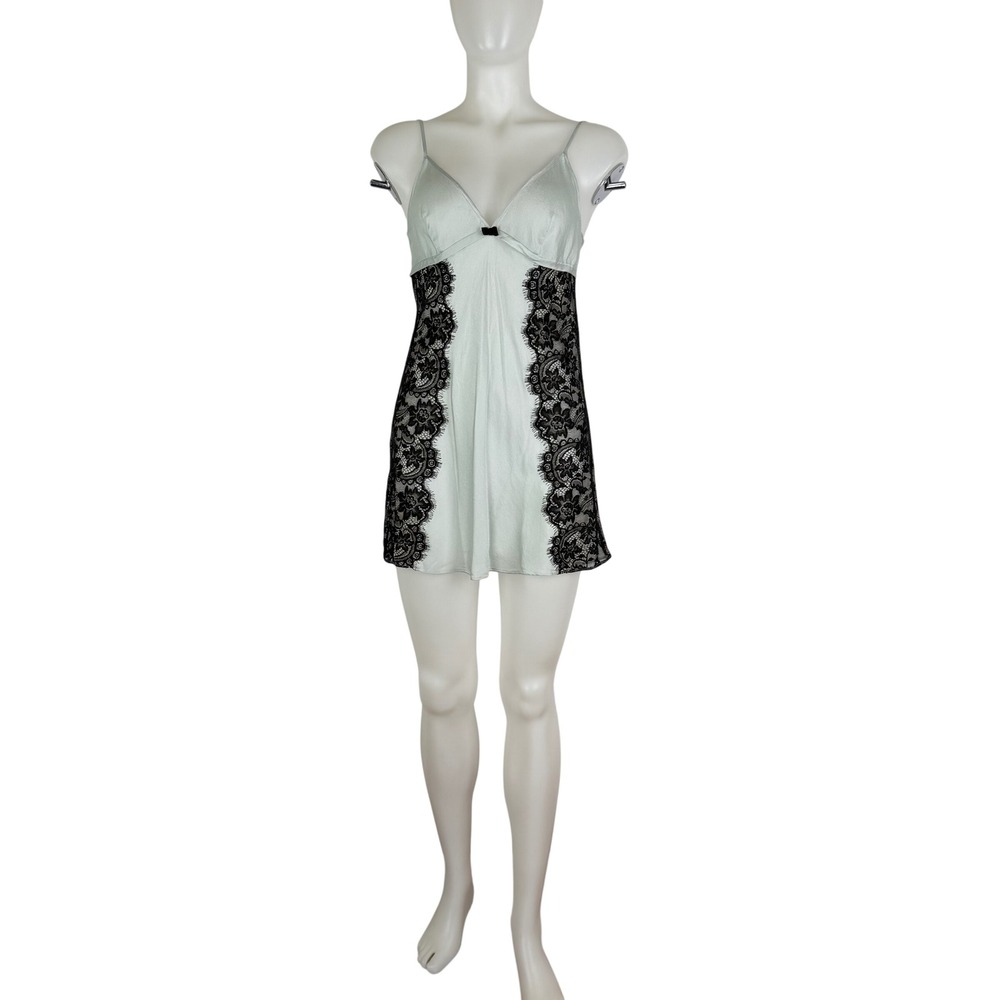 Vintage Victoria's Secret 100% Silk Slip Dress Mint Green Black Lace Medium 2004